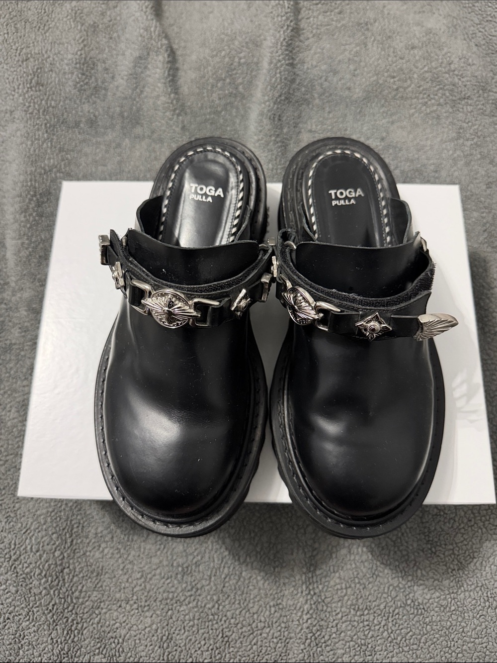 TOGA Pulla Black Leather Mules with Silver-Tone Western Hardware